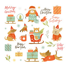 Merry christmas and new year, christmas dogs, funny animals, christmas lettering, dachshund and shiba inu dog breed