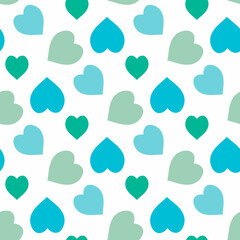 Seamless pattern with blue and green hearts on white background. Vector image.