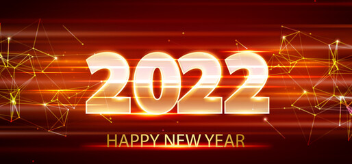 Happy new year 2022 high speed light red background banner. Seasonal holidays greeting card. Numeral 2022 with glowing streaks light flares. Speed movement red and laser technology Hitech.Vector EPS10