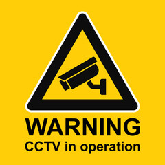 CCTV in operation sign. Vector yellow warning symbol board of the surveillance camera  - obrazy, fototapety, plakaty