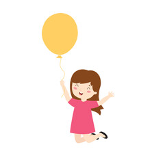 Print. Cheerful cartoon girl with a balloon. The girl is jumping. Cartoon character.