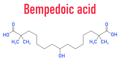 Bempedoic acid hypercholesterolemia drug molecule. ATP-citrate lyase inhibitor. Skeletal formula.