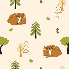 Print. Vector forest background with deer. Seamless background. Wild nature. A deer sleep in a summer forest.
