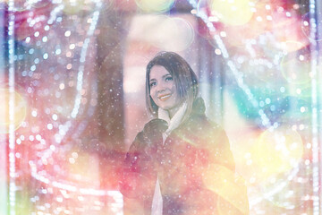 christmas woman portrait, outside city, pink bokeh blurred festive background