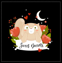 Print. Сard with a sleeping cat. Sweet Dreams. Night. The cat sleeps on a pillow. Funny cartoon cat.