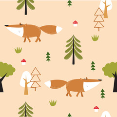 Print. Vector forest background with foxes. Seamless background. Wild nature. The fox in the summer forest.