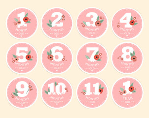 Print. Vector set of stickers for children from birth to one year. It can be used for photo shoots stickers for nursery cards, posters, invitations. memory book