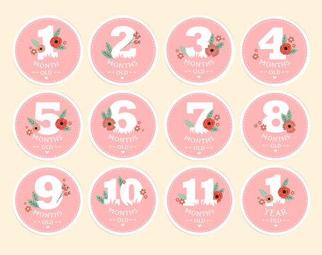 Print. Vector set of stickers for children from birth to one year. It can be used for photo shoots stickers for nursery cards, posters, invitations. memory book