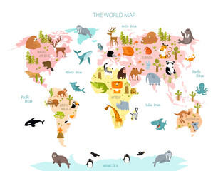 Print. Vector map of the world with cartoon animals for kids. Europe, Asia, South America, North America, Australia, Africa. 
