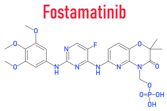 Fostamatinib rheumatoid arthritis drug molecule. Syk inhibitor. Skeletal formula.