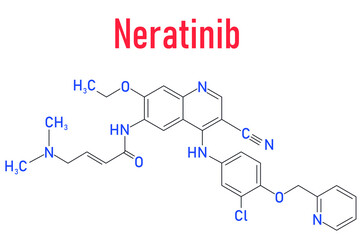 Neratinib breast cancer drug molecule. Skeletal formula.