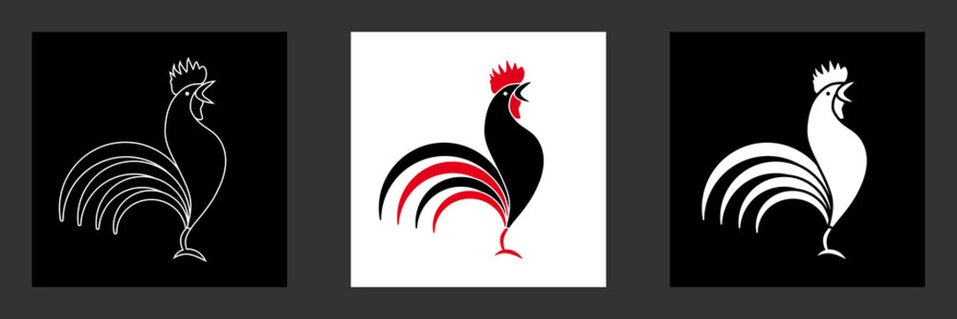 3 versions d’un dessin de coq stylisé, animal de ferme et symbole de victoire en France.