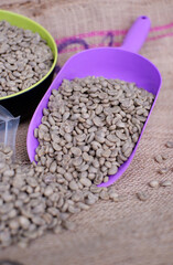 raw coffee beans or green beans. top view of coffee with fullwash method ready to be roasted 