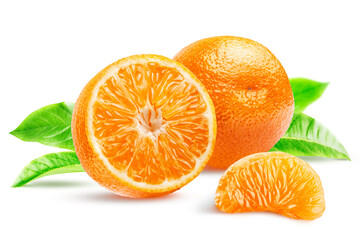 Composition of whole tangerine, half, peeled wedges and leaves isolated on white background.