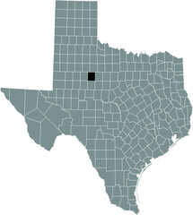Black highlighted location map of the Fisher County inside gray administrative map of the Federal State of Texas, USA