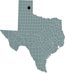 Black highlighted location map of the Gray County inside gray administrative map of the Federal State of Texas, USA