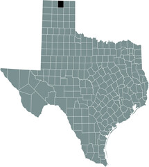 Black highlighted location map of the Hansford County inside gray administrative map of the Federal State of Texas, USA