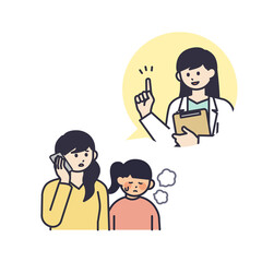 発熱しているについて子どもについてお医者さんへ相談する女性のイラスト素材