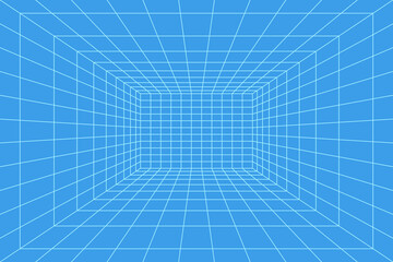Grid room in perspective, vector illustration in 3d style. Indoor wireframe from blue lines, template interior square, digital empty box. Minimal background design