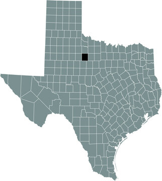 Black highlighted location map of the Haskell County inside gray administrative map of the Federal State of Texas, USA