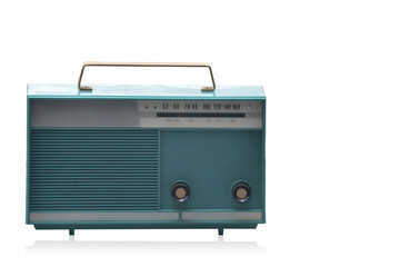 front view blue and white radio on white background, object, vintage, retro, fashion, copy space