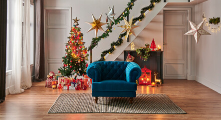 Modern sofa Christmas New Year concept with pine tree gift box and fireplace, decorative led lamp, stairs and door background, grey wall, wicker carpet design.