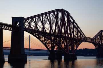 Fototapeta na wymiar Forth Railway bridge details, silhouetted after sunset