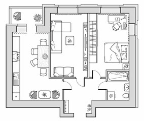 Architectural layout of the house. Floor plan in top view with furniture placement. Kitchen, bedrooms, living room, dining room and bathroom. Interior design project, icon set view from above. Vector