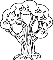 Coloring page with cartoon tree with cherries in crown isolated on white background