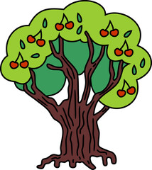 Cartoon tree with with ripe red cherries in green crown isolated on white background