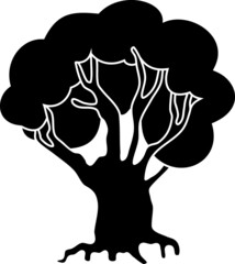 Black silhouette of cartoon tree isolated on white background
