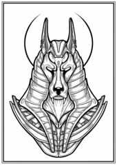 Isolated bust of a dark jackal in a crown and armor. Ancient Egyptian God - Anubis close-up, guardian of the scales on the trial Osiris in the kingdom of the dead without a background, line art.