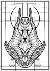 Guardian of the scales on the trial Osiris in the kingdom of the dead, Ancient Egyptian God - Anubis close-up with a long ears. Bust of a dark jackal with fangs in a crown and armor with a pattern.