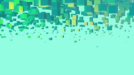 Green and yellow flying matt cubes 3d render background. Ai data protection concept for tech company, business, web development.