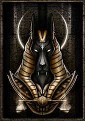 Egyptian God - Jackal close-up against the background of a stone slab with cracks and hieroglyphs. Anubis - Guardian of the scales on the trial Osiris in the kingdom of the dead in a golden armor. - obrazy, fototapety, plakaty