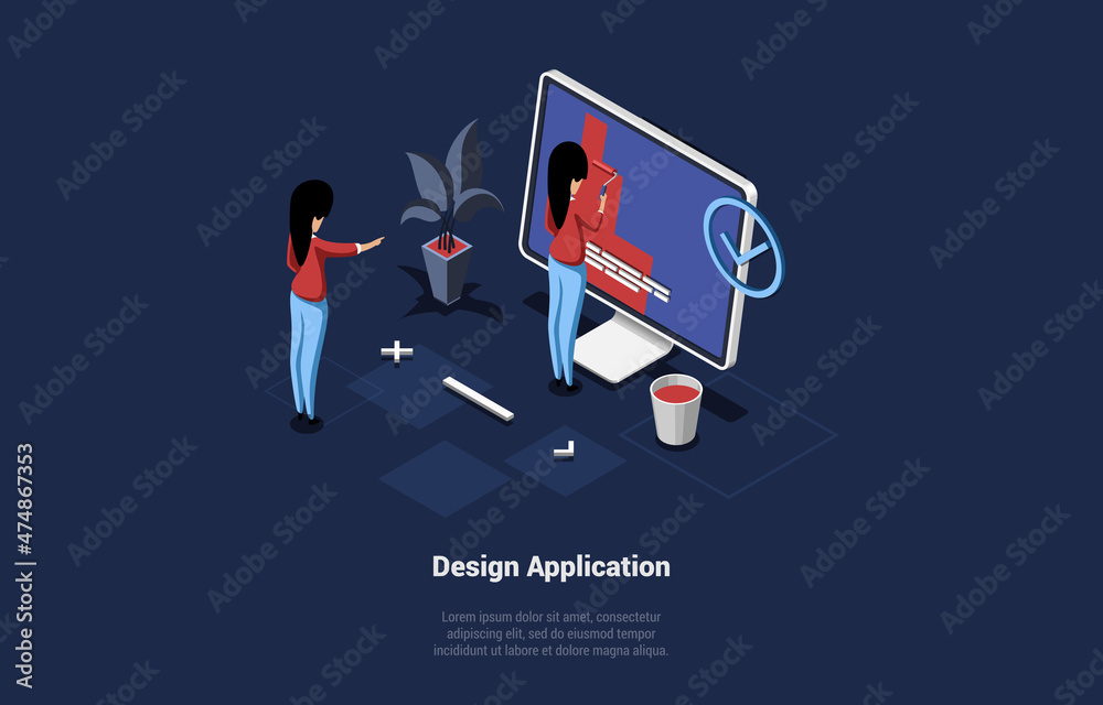 Poster design application vector illustration in cartoon 3d style on dark background. conceptual isometric 