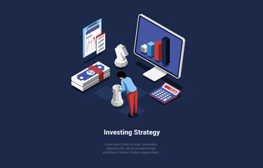 Vector Illustration With Characters, Cartoon 3D Style, Isometric Composition. Investing Strategy Concept. Money Funding, Risk Taking. Business Deals, Marketing Plan For Earning, Infographics, Graphs