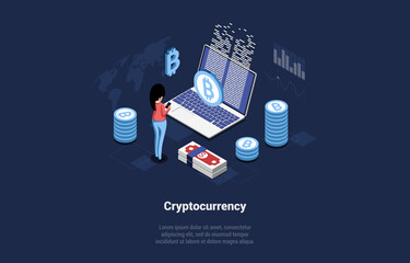 Cryptocurrency Vector Illustration In Cartoon 3D Style On Dark Background. Conceptual Isometric Design. Business Marketing, Professional Trading Strategy, Electronic Money, Financial Operation Plan