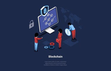 Blockchain Vector Illustration In Cartoon 3D Style On Dark Background. Conceptual Isometric Design. Bitcoin Trading, International Internet Currency, Modern Cryptocurrency, Business Strategy Scheme
