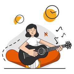 Teen girl enjoy her hobby - plays the guitar. She have the best  leisure and fun. Vector illustration of home creative occupation in quarantine.