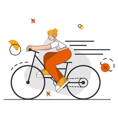 Teen girl enjoy her hobby - ride on bike. She have the best  leisure and fun. Vector illustration of home creative occupation in quarantine.