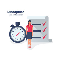 Self discipline concept. All deal and tasks are completed. Vector illustration flat design. Isolated on white background. Control management character. Modern woman controlling himself.