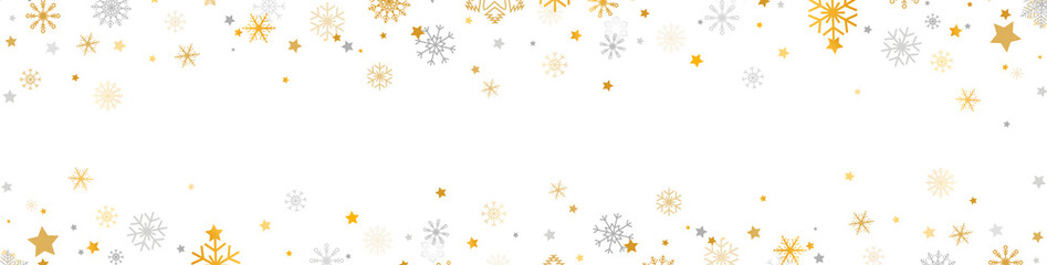 Golden and silver snowflakes border with different ornament. Snowflake and star falling on white background. Luxury Christmas garland frame. Winter ornament for packaging, cards. Vector illustration