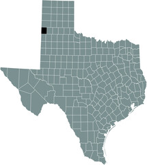 Black highlighted location map of the Parmer County inside gray administrative map of the Federal State of Texas, USA