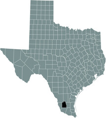 Black highlighted location map of the Jim Hogg County inside gray administrative map of the Federal State of Texas, USA