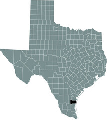 Black highlighted location map of the Kleberg County inside gray administrative map of the Federal State of Texas, USA