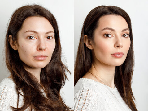 Woman before and after makeup. . The concept of transformation, beauty after applying makeup with a makeup artist. Result without retouching