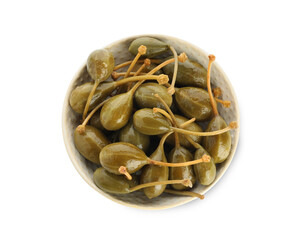 Capers in bowl isolated on white, top view