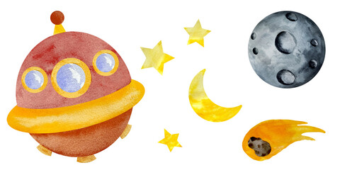 Watercolor spaceship and UFO in cartoon style. Rocket and spacecraft, futuristic transportation, collection ship illustration