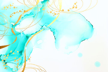 Obraz premium art photography of abstract fluid painting with alcohol ink, blue and gold colors